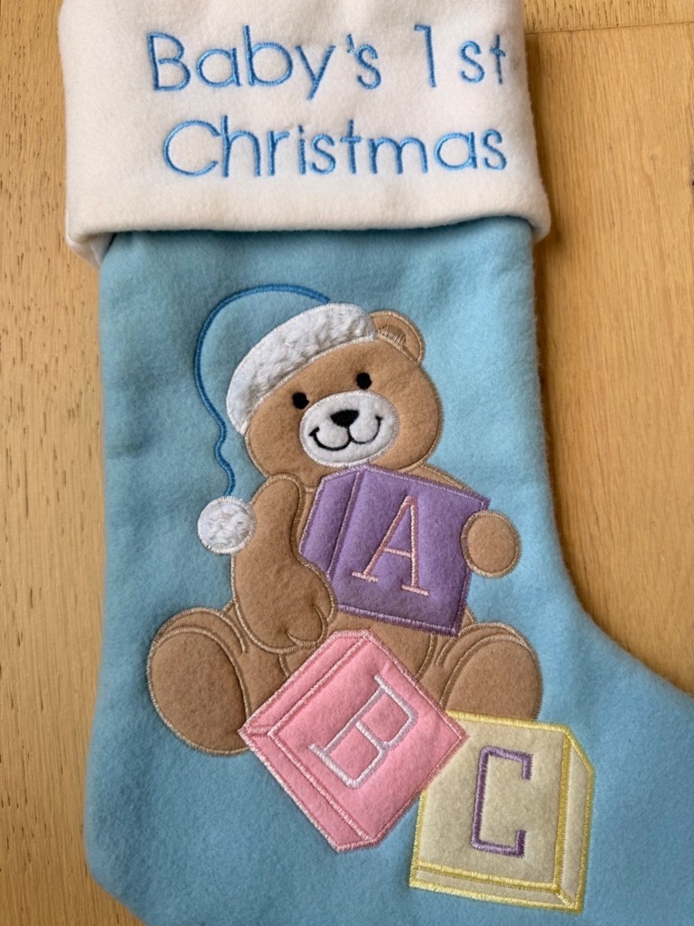 Baby's 1st Christmas Blue Teddy Stocking with ABC Blocks - Picture 2 of 4